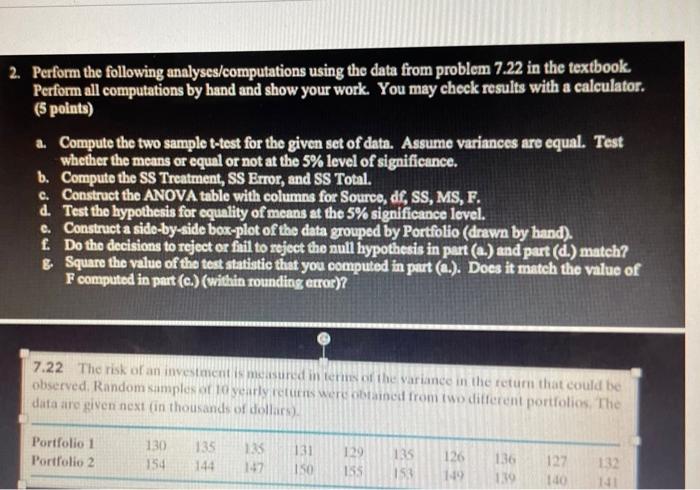 2 Perform The Following Analyses Computations Using The Data From Problem 7 22 In The Textbook Perform All Computations 1