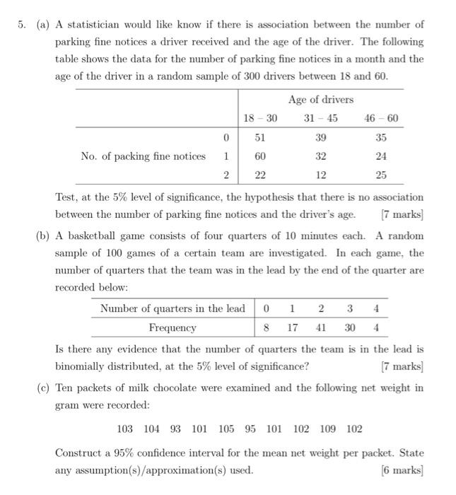 5 A A Statistician Would Like Know If There Is Association Between The Number Of Parking Fine Notices A Driver Receiv 1