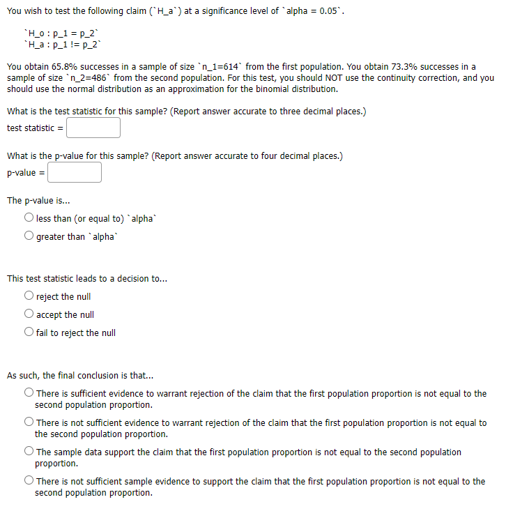 You Wish To Test The Following Claim H A At A Significance Level Of Alpha 0 05 H O P 1 P 2 H A P 1 P 2 Y 1