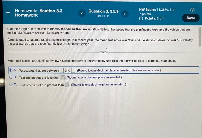 Homework Section 3 3 Homework Question 3 3 3 9 Part 1 Of 2 Hw Score 71 36 5 Of 7 Points O Points 0 Of 1 Save Use T 1