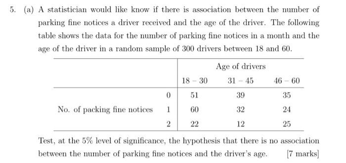 5 A A Statistician Would Like Know If There Is Association Between The Number Of Parking Fine Notices A Driver Receiv 1
