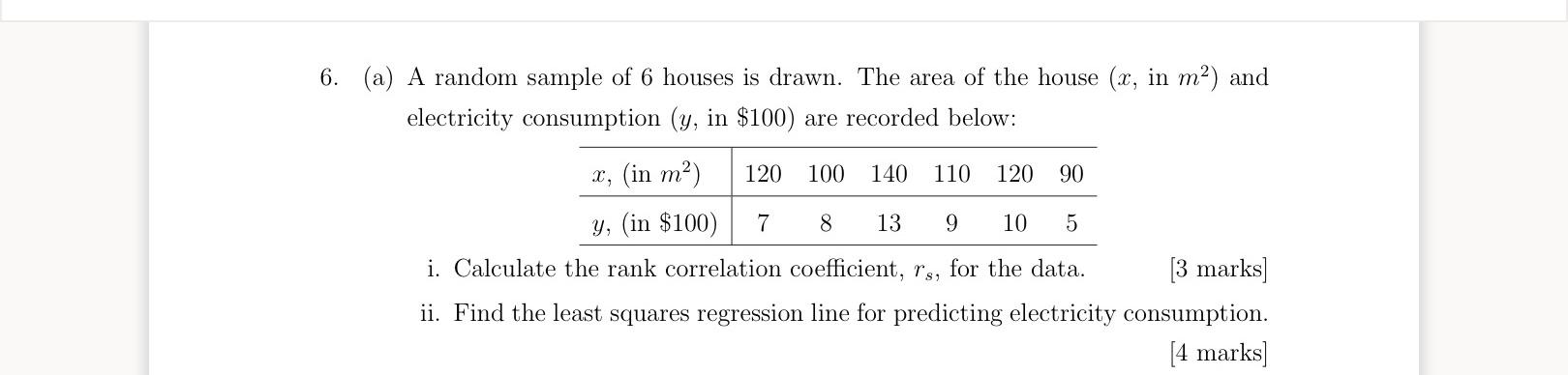6 A A Random Sample Of 6 Houses Is Drawn The Area Of The House X In M2 And Electricity Consumption Y In 100 A 1