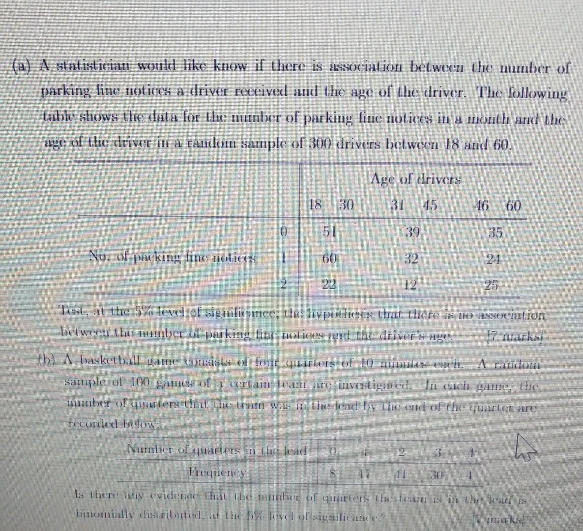 A A Statistician Would Like Know If There Is Association Between The Mumber Of Parking Line Notices A Driver Received 1