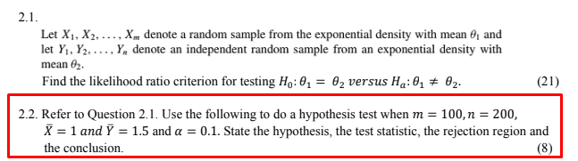 2 1 Let X1 X2 X Denote A Random Sample From The Exponential Density With Mean 6 And Let Yi Y2 Y Denote 1