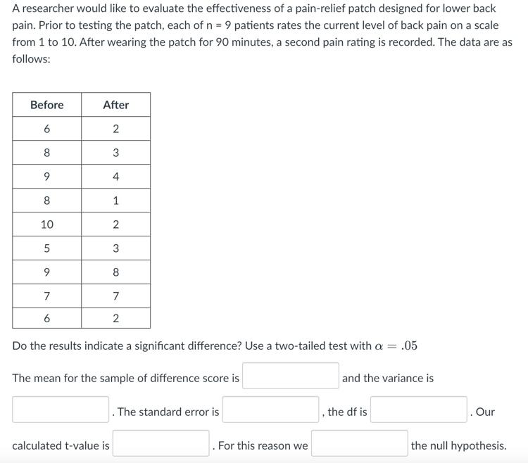 A Researcher Would Like To Evaluate The Effectiveness Of A Pain Relief Patch Designed For Lower Back Pain Prior To Test 1