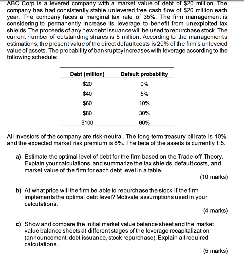 Abc Corp Is A Levered Company With A Market Value Of Debt Of 20 Million The Company Has Had Consistently Stable Unleve 1