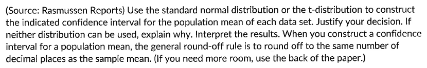 Source Rasmussen Reports Use The Standard Normal Distribution Or The T Distribution To Construct The Indicated Confid 1