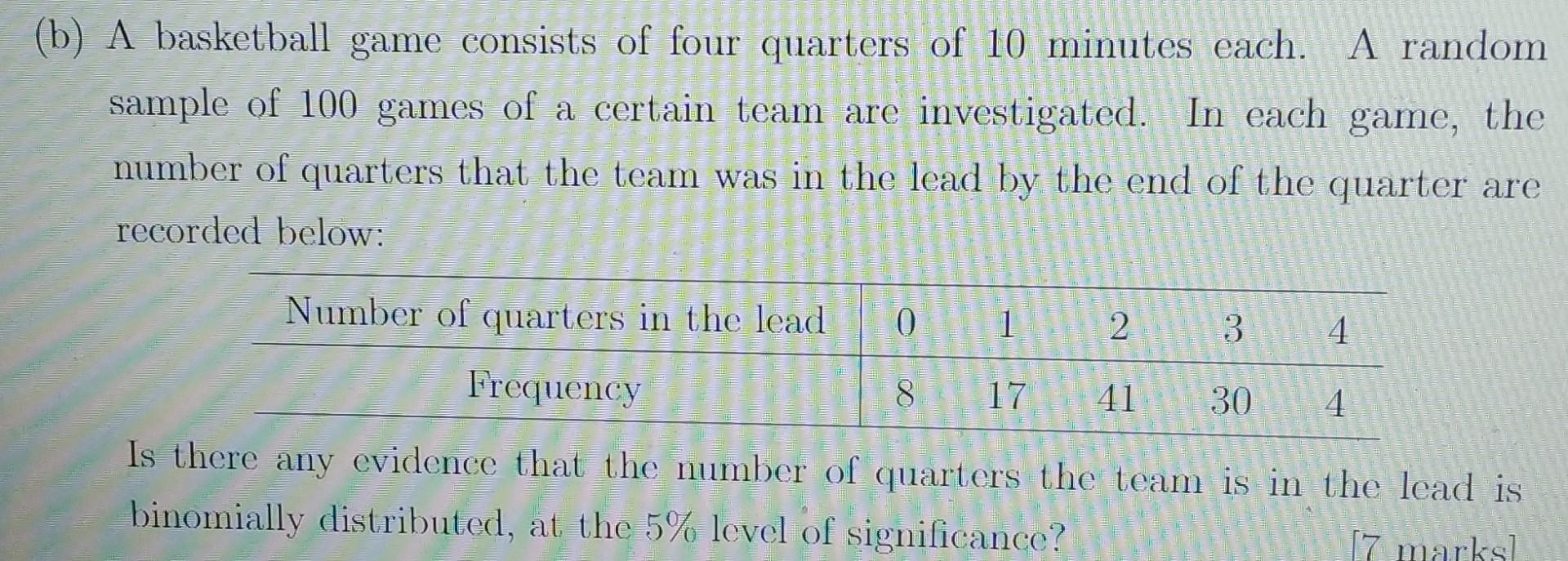 B A Basketball Game Consists Of Four Quarters Of 10 Minutes Each A Random Sample Of 100 Games Of A Certain Team Are I 1