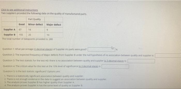 Click To See Additional Instructions Two Suppliers Provided The Following Data On The Quality Of Manufactured Parts Part 1