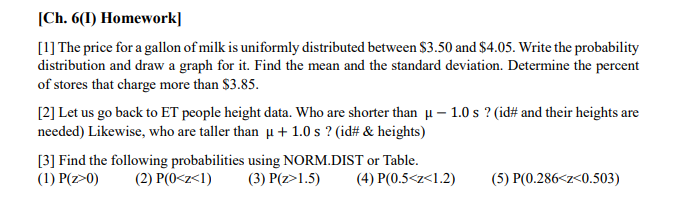 Ch 6 1 Homework 1 The Price For A Gallon Of Milk Is Uniformly Distributed Between 3 50 And 4 05 Write The Proba 1