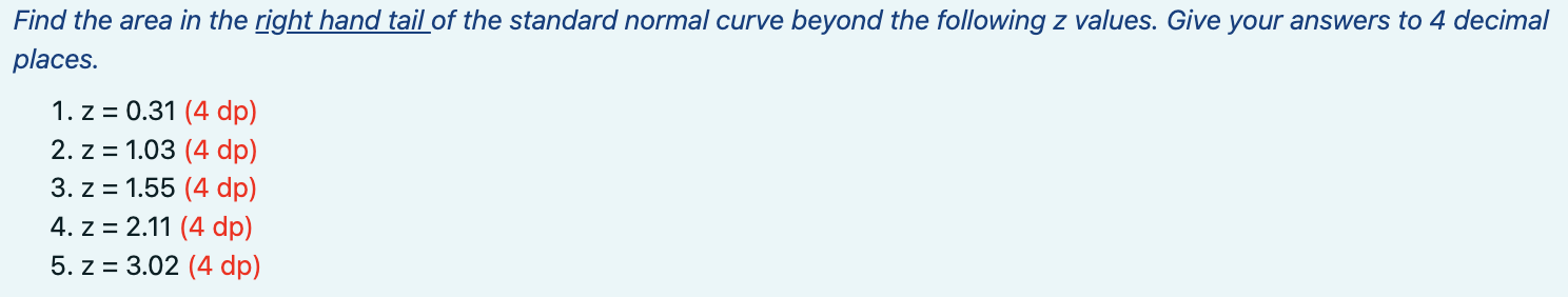 Find The Area In The Right Hand Tail Of The Standard Normal Curve Beyond The Following Z Values Give Your Answers To 4 1