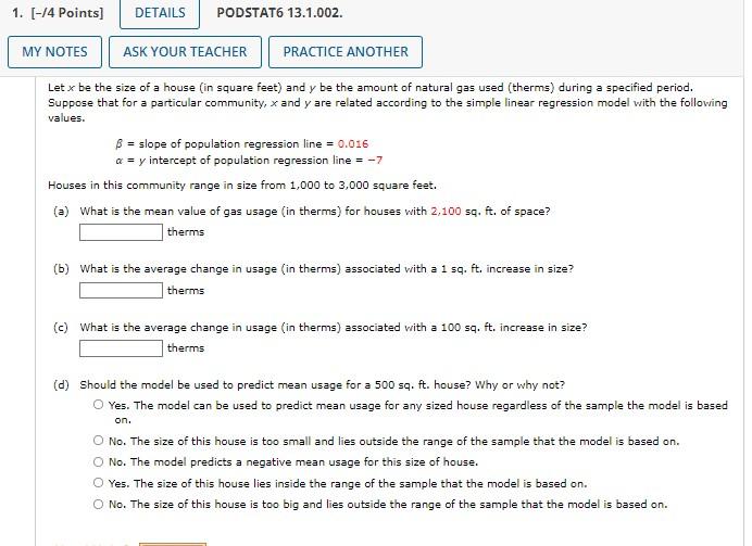 1 14 Points Details Podstat6 13 1 002 My Notes Ask Your Teacher Practice Another Let X Be The Size Of A House In S 1