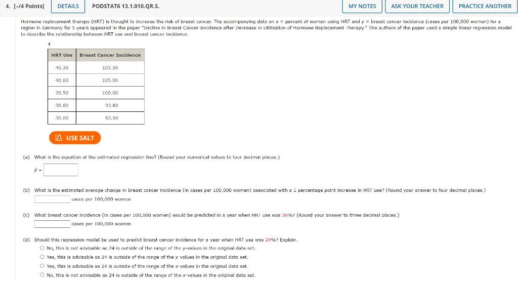 4 14 Points Details Podstat6 13 1 010 Qr S My Notes Ask Your Teacher Practice Another Hormone Replacement Therapy 1