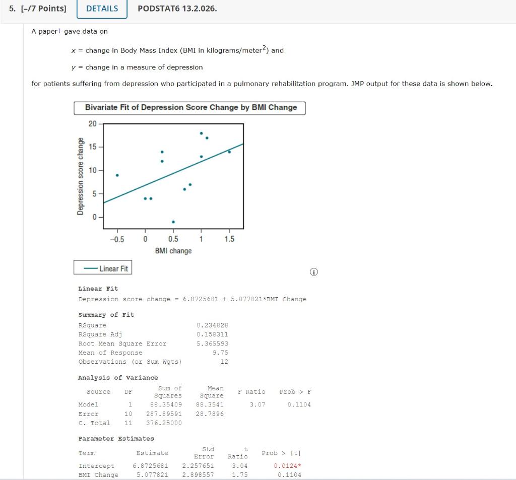 5 17 Points Details Podstat6 13 2 026 A Papert Gave Data On X Change In Body Mass Index Bmi In Kilograms Meter 1