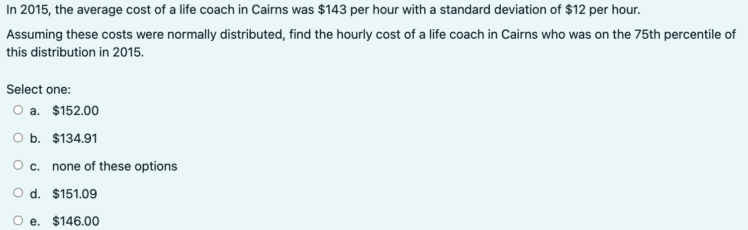 In 2015 The Average Cost Of A Life Coach In Cairns Was 143 Per Hour With A Standard Deviation Of 12 Per Hour Assumin 1