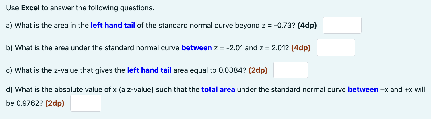 Use Excel To Answer The Following Questions A What Is The Area In The Left Hand Tail Of The Standard Normal Curve Beyo 1
