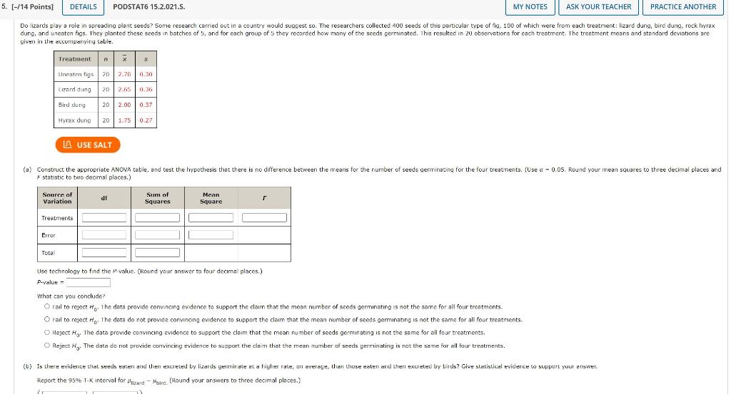 5 14 Points Details Podstat6 15 2 021 S My Notes Ask Your Teacher Practice Another Do Lizards Play A Role In Sprea 1