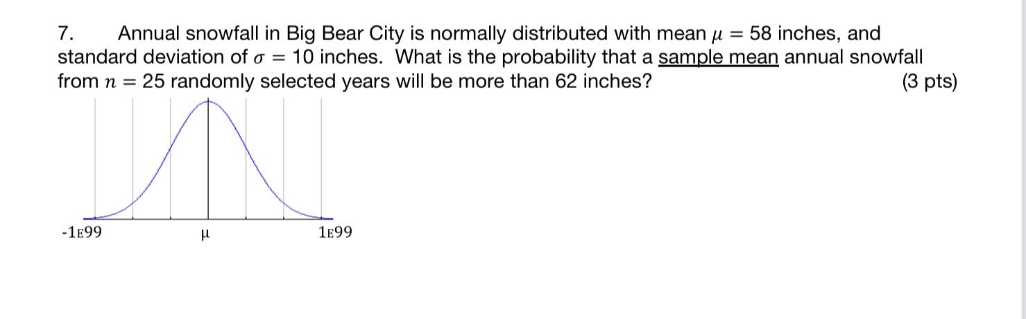 7 Annual Snowfall In Big Bear City Is Normally Distributed With Mean U 58 Inches And Standard Deviation Of O 10 In 1