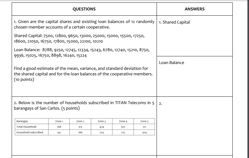 Questions Answers 1 1 Given Are The Capital Shares And Existing Loan Balances Of 12 Randomly 1 Shared Capital Chosen M 1