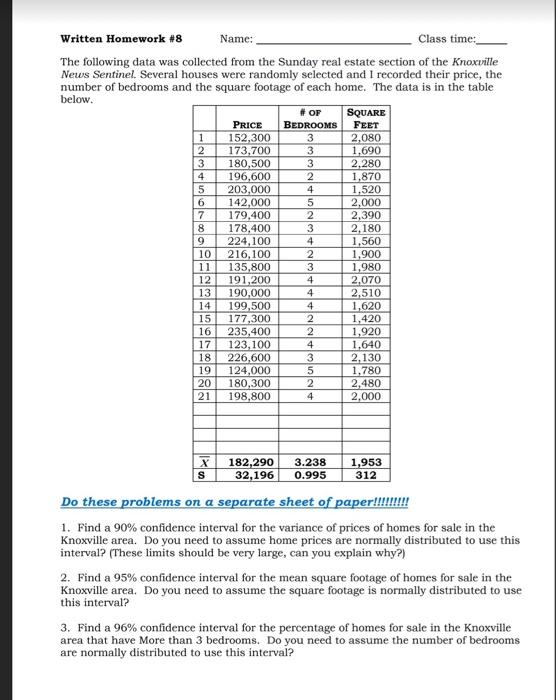 Of Written Homework 8 Name Class Time The Following Data Was Collected From The Sunday Real Estate Section Of The Kno 1