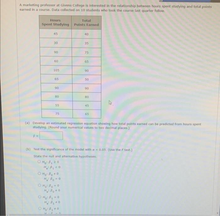 A Marketing Professor At Givens College Is Interested In The Relationship Between Hours Spent Studying And Total Points 1