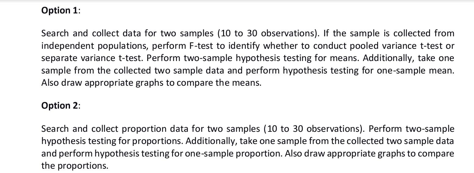 Option 1 Search And Collect Data For Two Samples 10 To 30 Observations If The Sample Is Collected From Independent P 1
