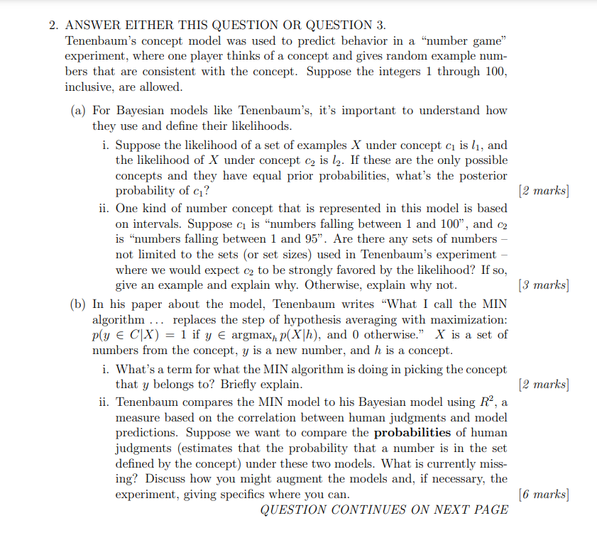 2 Marks 2 Answer Either This Question Or Question 3 Tenenbaum S Concept Model Was Used To Predict Behavior In A Num 1