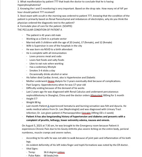 1 What Manifestation By Patient 777 That Leads The Doctor To Conclude That He Is Having Hyperphosphatemia 2 Knowing T 1