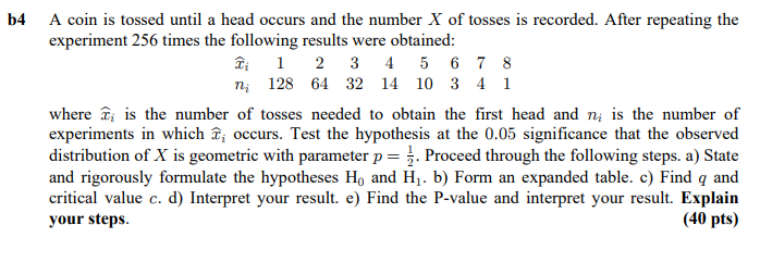 B4 A Coin Is Tossed Until A Head Occurs And The Number X Of Tosses Is Recorded After Repeating The Experiment 256 Times 1