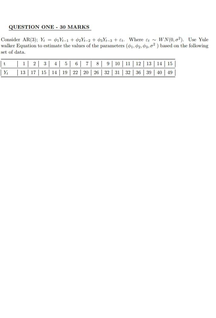 Question One 30 Marks Consider Ar 3 Y 0 Y 1 0241 2 03y 3 El Where El Wn 0 0 Use Yule Walker Equation To 1