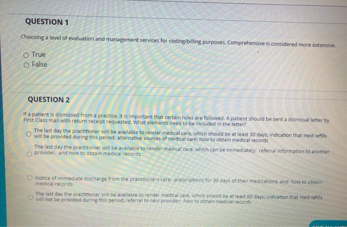 Question 1 Choosing A Level Of Evaluation And Management Services For Coding Billing Purposes Comprehensive Is Consider 1