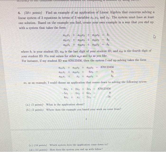 Krywhere 4 50 Points Find An Example Of An Application Of Lincar Algebra That Concerns Solving A Linear System Of 3 1