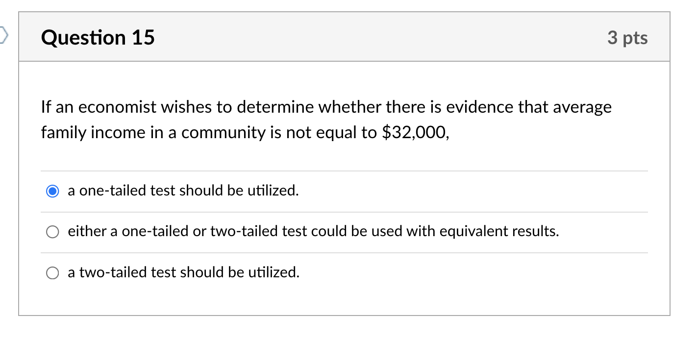 Question 15 3 Pts If An Economist Wishes To Determine Whether There Is Evidence That Average Family Income In A Commun 1