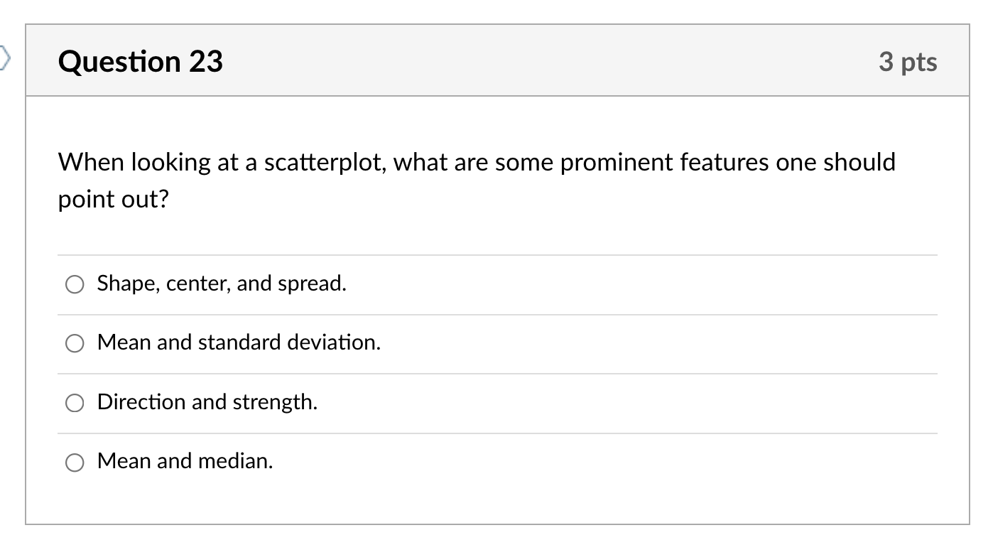 Question 23 3 Pts When Looking At A Scatterplot What Are Some Prominent Features One Should Point Out Shape Center A 1