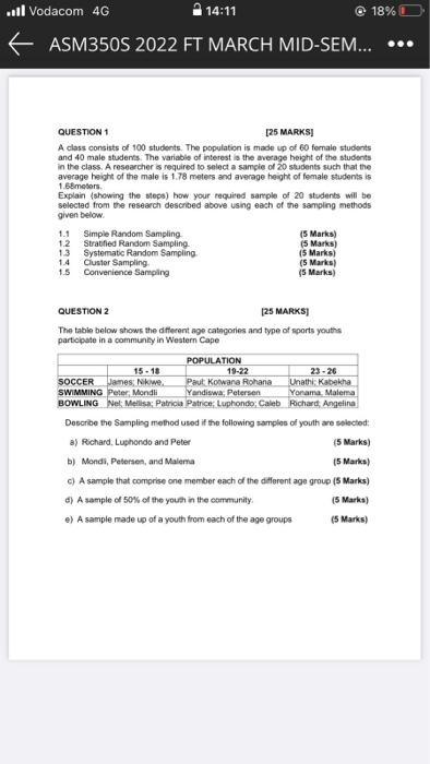 Vodacom 4g 14 11 18 D Asm350s 2022 Ft March Mid Sem Question 1 25 Marks A Class Consists Of 100 Students Th 1