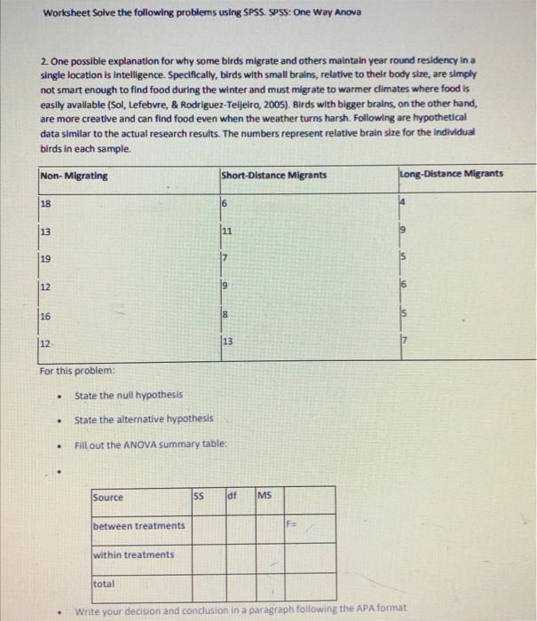Worksheet Solve The Following Problems Using Spss Spss One Way Anova 2 One Possible Explanation For Why Some Birds Mig 2