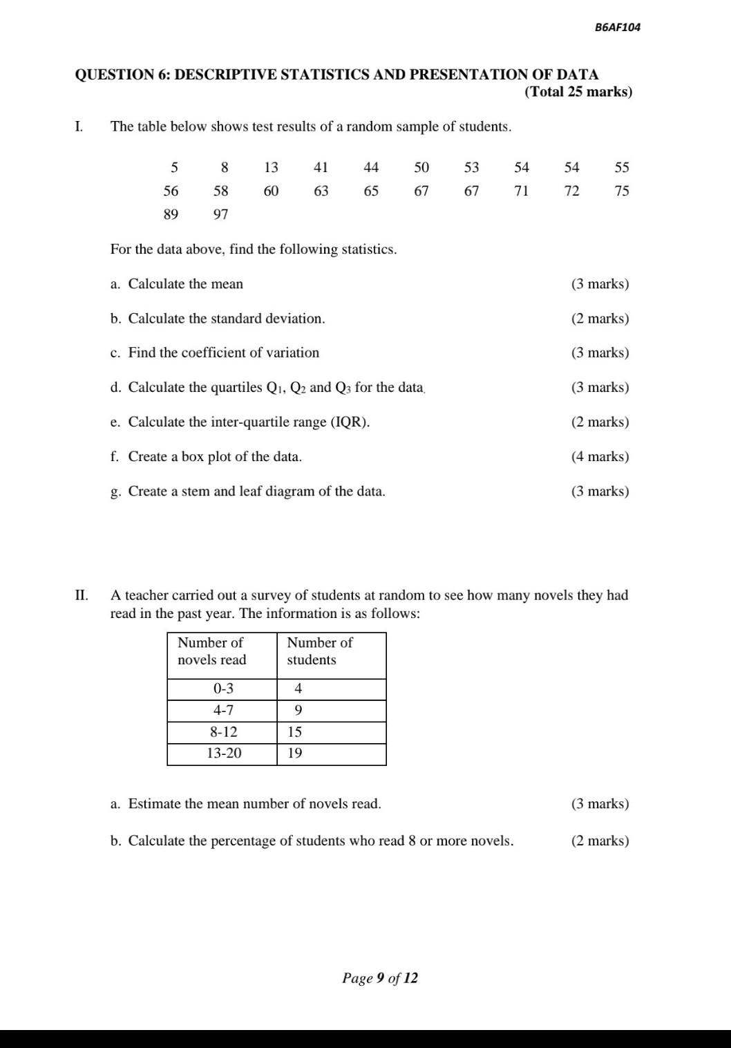B6af104 Question 6 Descriptive Statistics And Presentation Of Data Total 25 Marks I The Table Below Shows Test Resul 1
