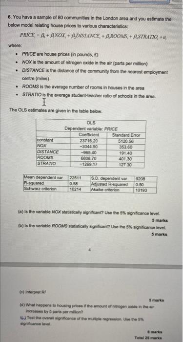 6 You Have A Sample Of 80 Communities In The London Area And You Estimate The Below Model Relating House Prices To Vari 1