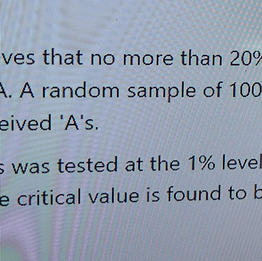 Ves That No More Than 209 A A Random Sample Of 100 Eived A S S Was Tested At The 1 Level E Critical Value Is Found T 1