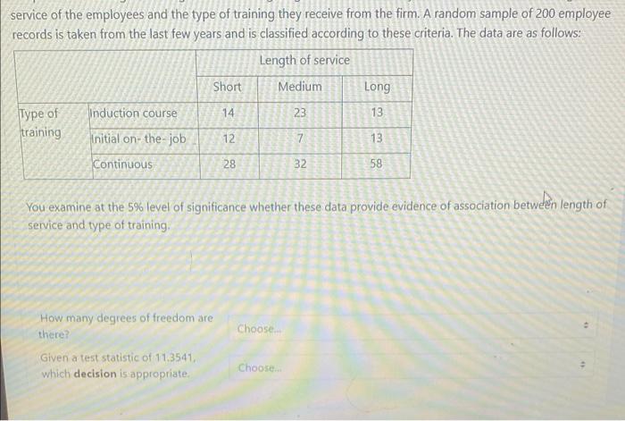 Service Of The Employees And The Type Of Training They Receive From The Firm A Random Sample Of 200 Employee Records Is 1