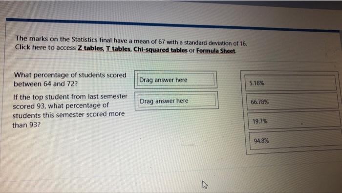 The Marks On The Statistics Final Have A Mean Of 67 With A Standard Deviation Of 16 Click Here To Access Z Tables T Ta 1