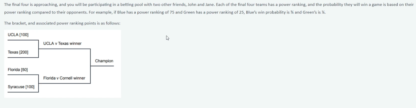 The Final Four Is Approaching And You Will Be Participating In A Betting Pool With Two Other Friends John And Jane Ea 1