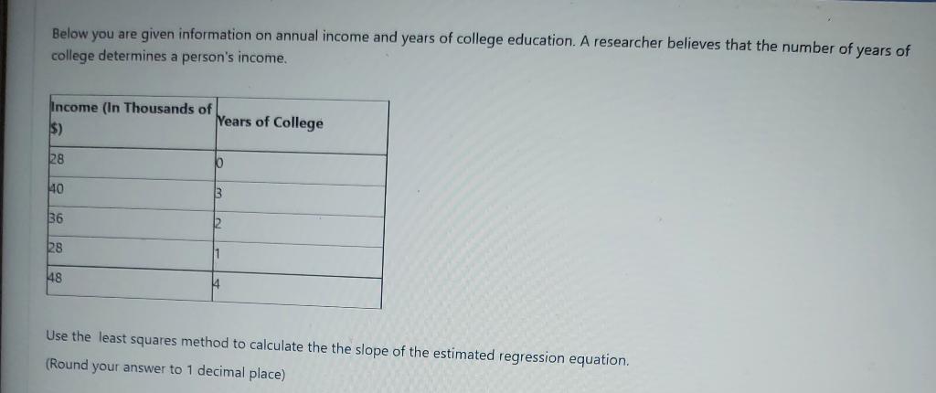 Below You Are Given Information On Annual Income And Years Of College Education A Researcher Believes That The Number O 1