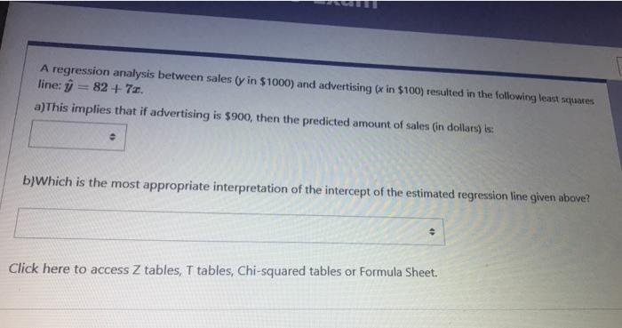 A Regression Analysis Between Sales Y In 1000 And Advertising X In 100 Resulted In The Following Least Squares Lin 1