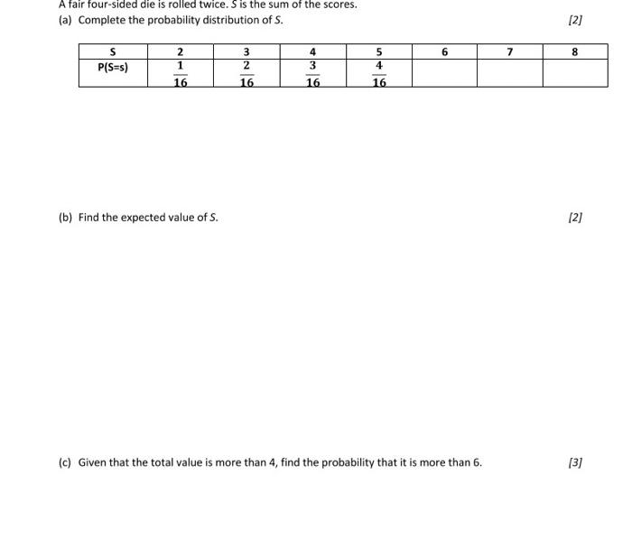 A Fair Four Sided Die Rolled Twice A Complete The Table B Find The Expected Value Of S 1