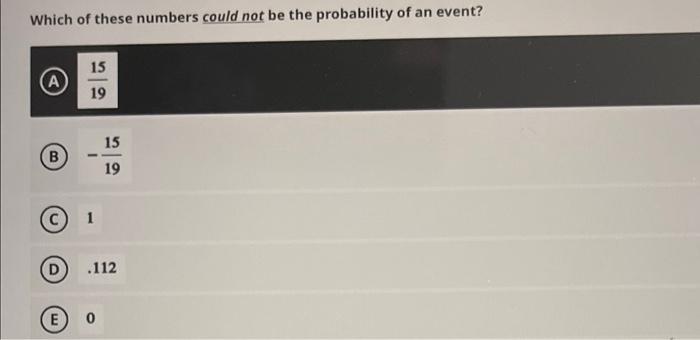 Which Of These Numbers Could Not Be The Probability Of An Event 15 A 19 15 B 19 C 1 112 E 0 1