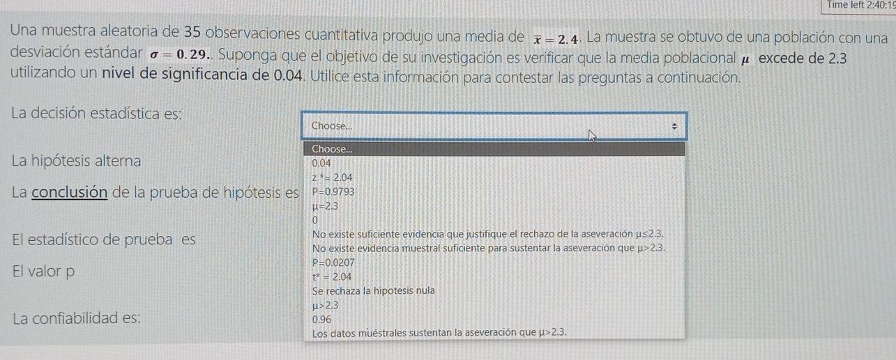 Time Left 2 40 19 Una Muestra Aleatoria De 35 Observaciones Cuantitativa Produjo Una Media De I 2 4 La Muestra Se Obtuv 1