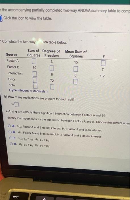 The Accompanying Partially Completed Two Way Anova Summary Table To Com Click The Icon To View The Table F Complete The 1
