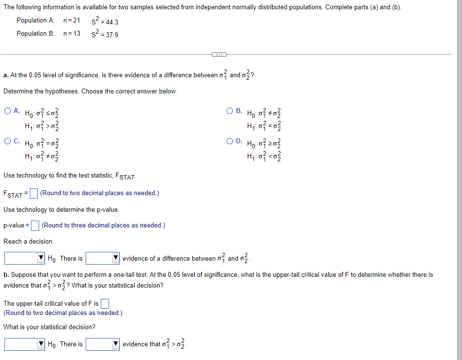 The Following Information Is Available For Two Samples Selected From Independent Normally Distributed Populations Compl 1