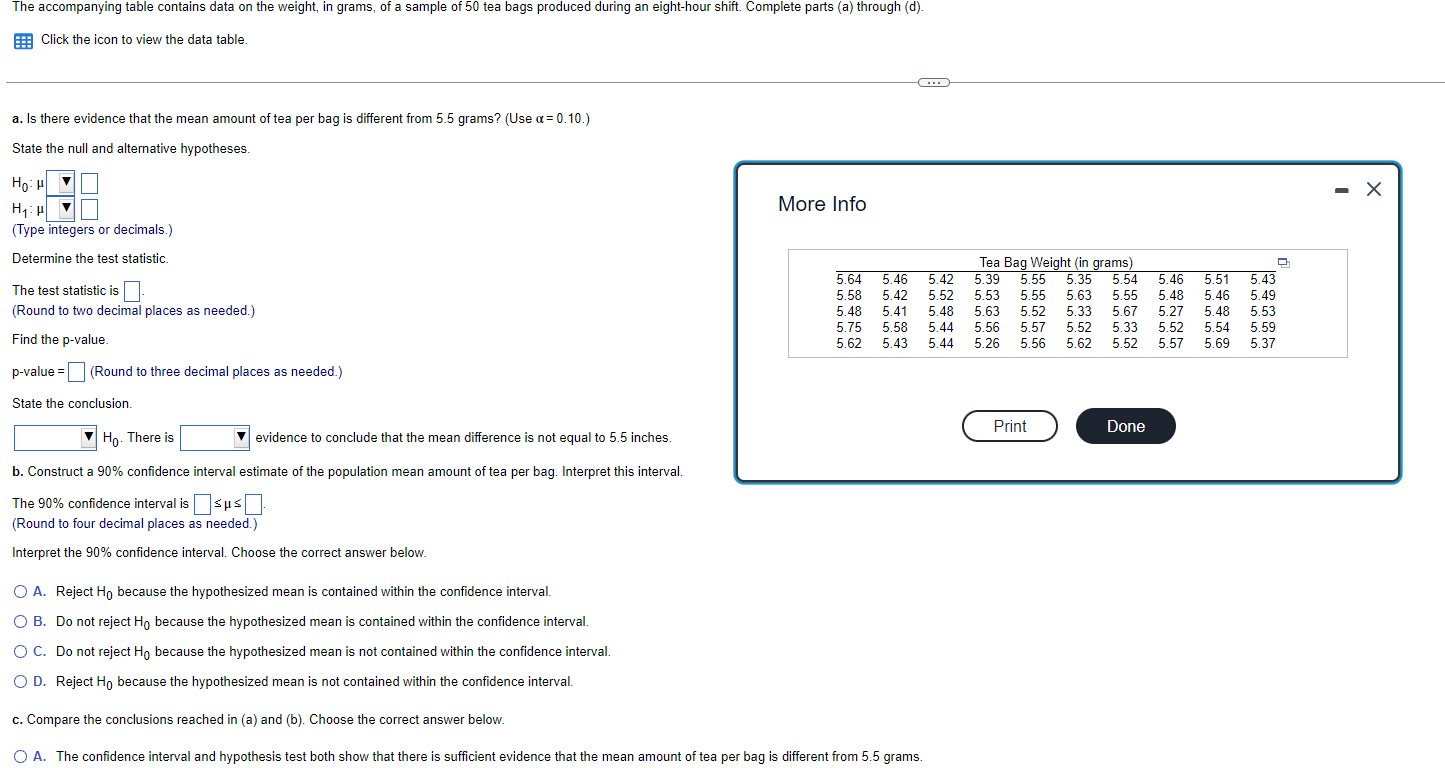 The Accompanying Table Contains Data On The Weight In Grams Of A Sample Of 50 Tea Bags Produced During An Eight Hour S 1